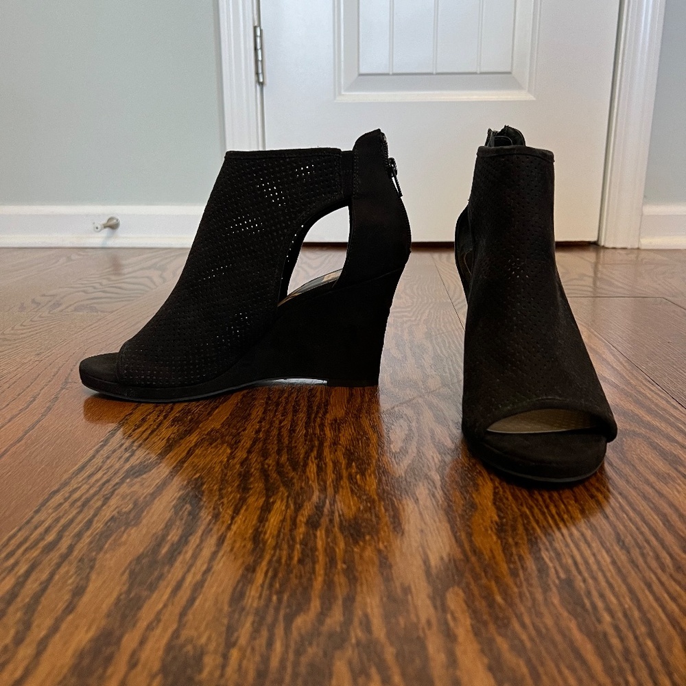 DV8 Peep-Toe Black Perforated Suede Wedges, Size 9.5